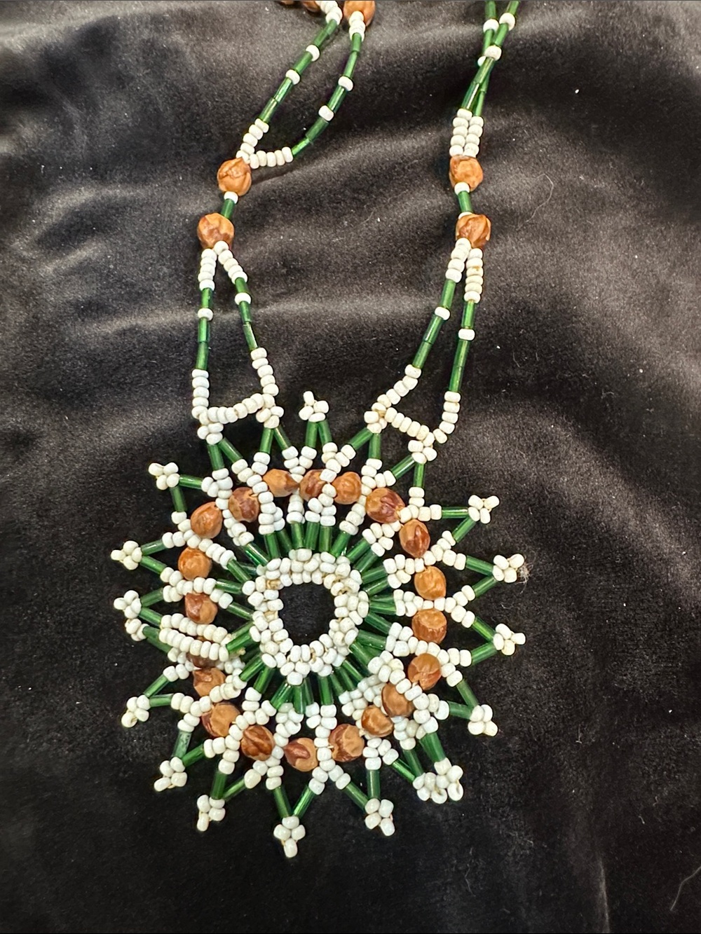 Handcrafted Green, White & Brown Beaded Sunburst Pendant Necklace